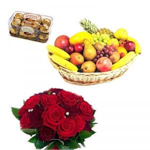 Roses with Ferrero Rocher n Fruit Basket